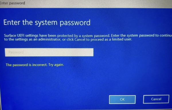 Microsoft Surface EFI Bios password reset unlock